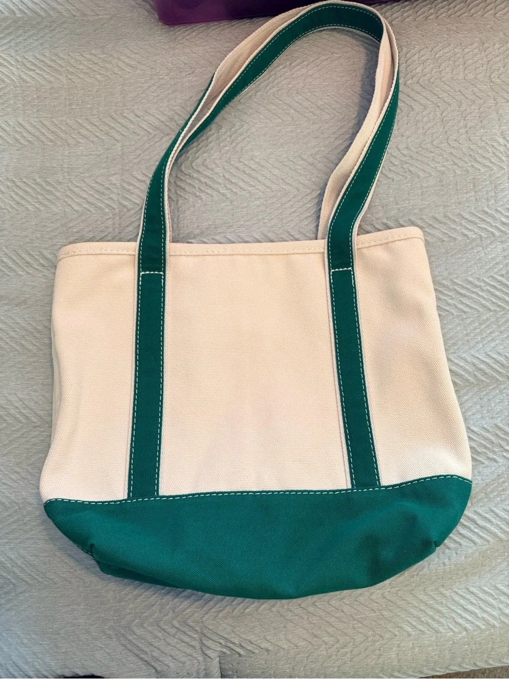 Lands' End Cream Canvas Tote with Green Trim and Base